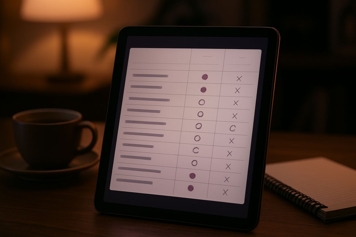Tabela porównawcza Erowave i Dolores na tablecie w domowym biurze