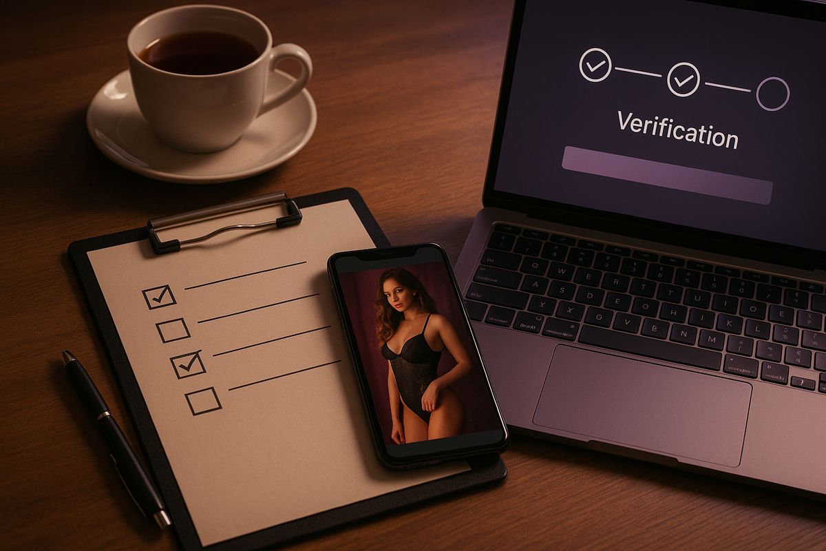 A checklist and laptop on a desk for verifying an escort ad.