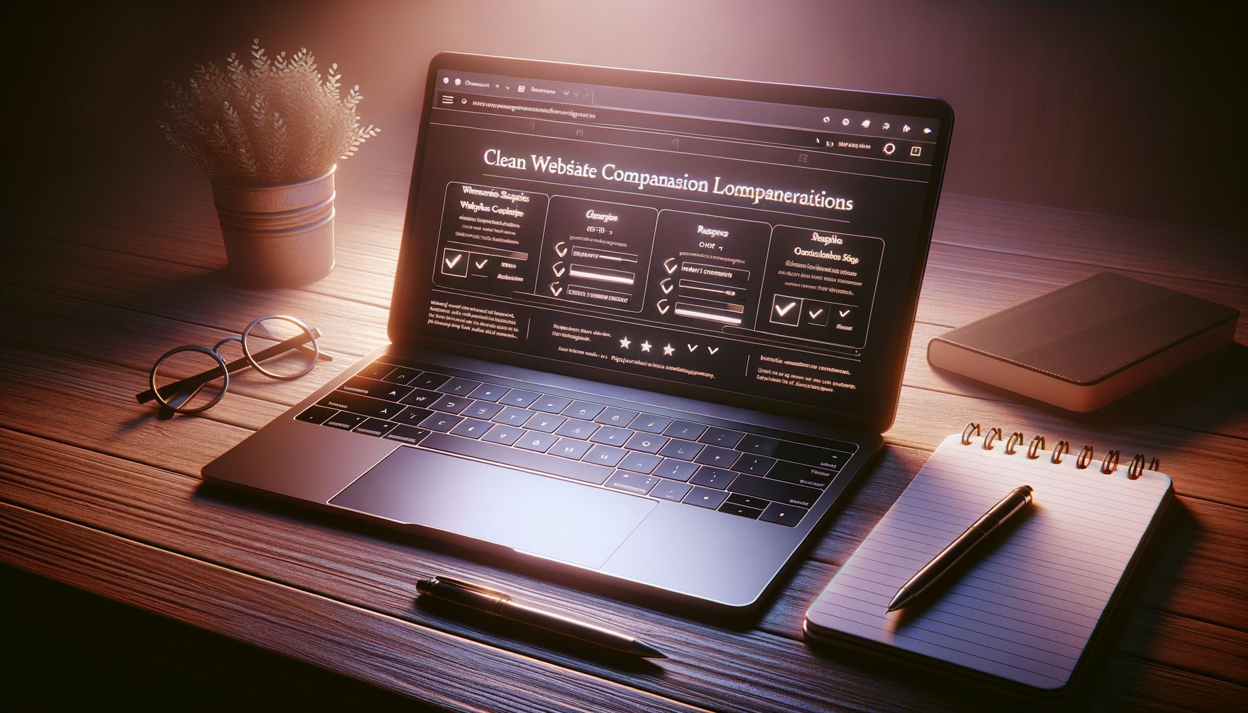 A laptop on a wooden desk showing a comparison table/checklist on screen. Notepad and pen next to it. Warm overhead lighting.