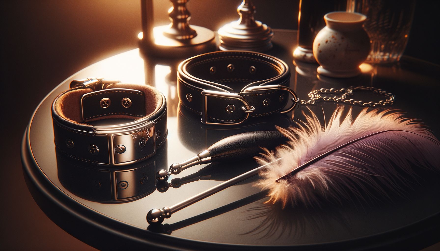 Anordnung von BDSM-Rollenspiel-Accessoires, wie Halsband und Handschellen.