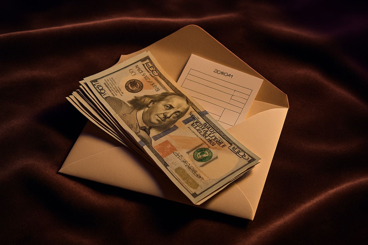 Elegant envelope with cash and receipt on a plush velvet surface.