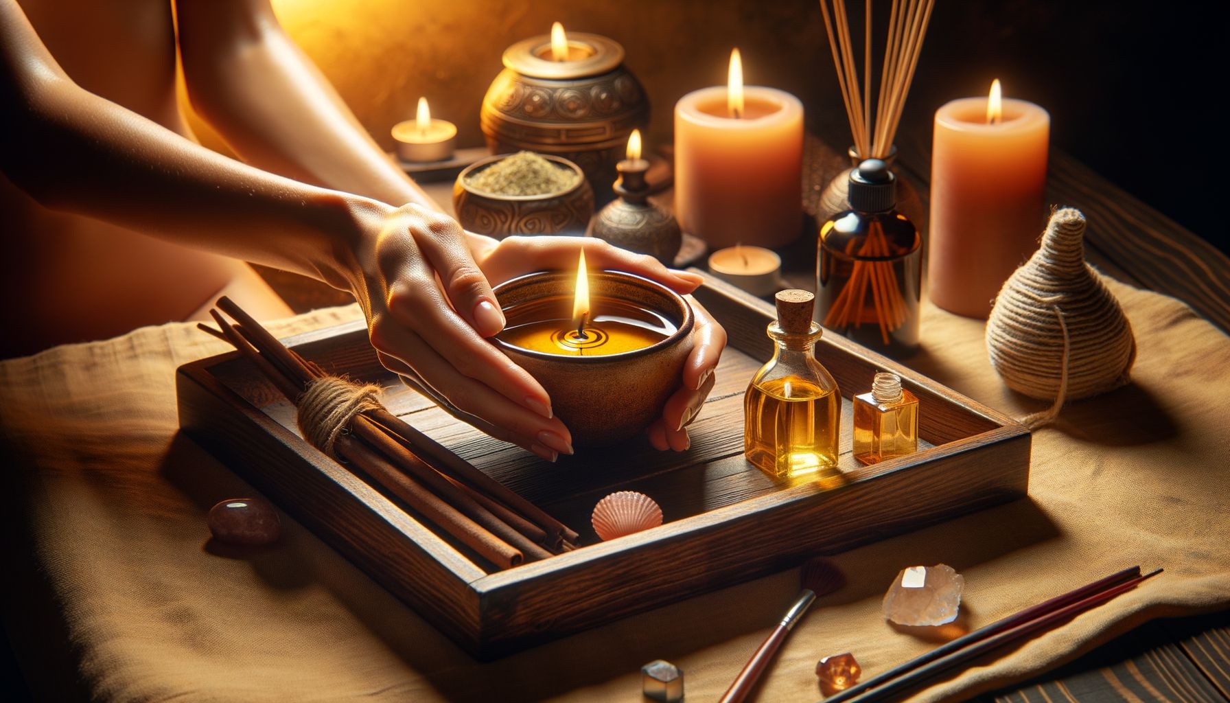 Close-up of massage oil being warmed in hands above a candle flame. Essential oil bottles, incense sticks, and crystals arran