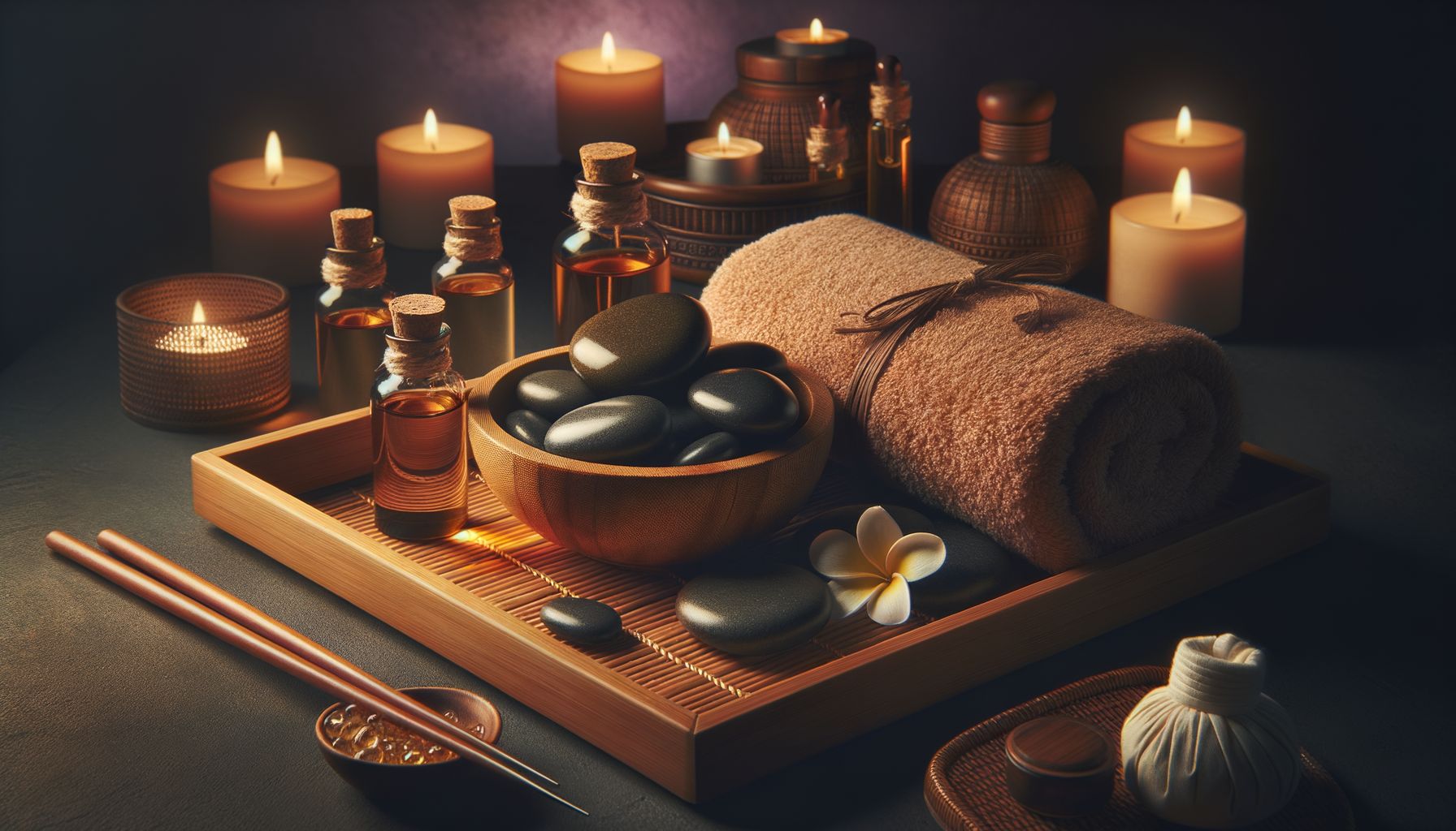 An arrangement of massage therapy tools: warm stones in a wooden bowl, essential oil bottles (sandalwood, ylang-ylang), a fol