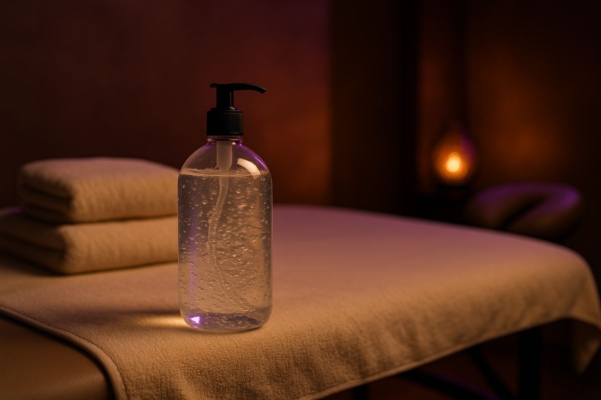 Nuru massage setup with nuru gel, massage table, and soft lighting in a spa.