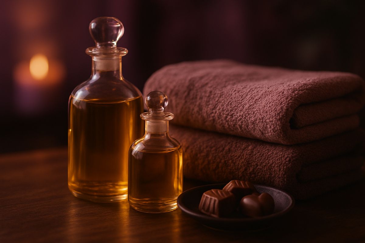 Stillleben mit Massageöl und Handtüchern für Incall.