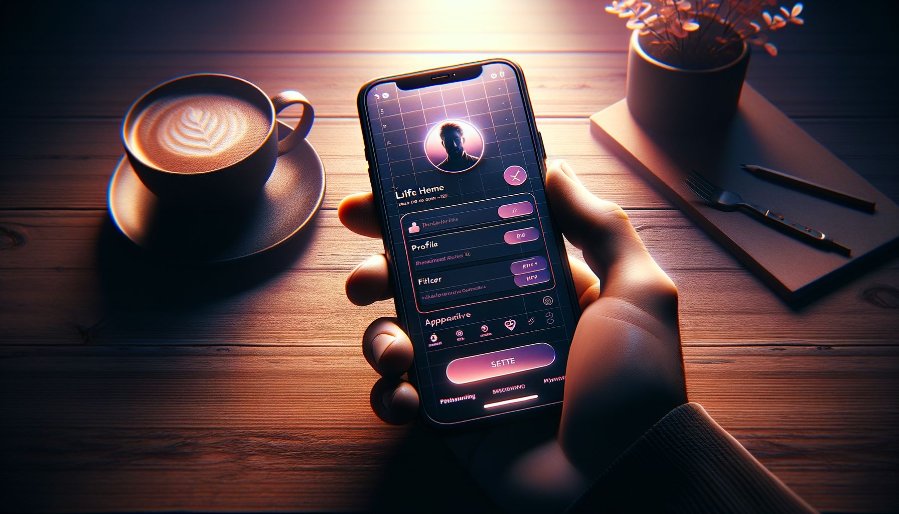 Close-up of a smartphone screen showing a modern app interface with profile cards and filter options. The phone is held in ha