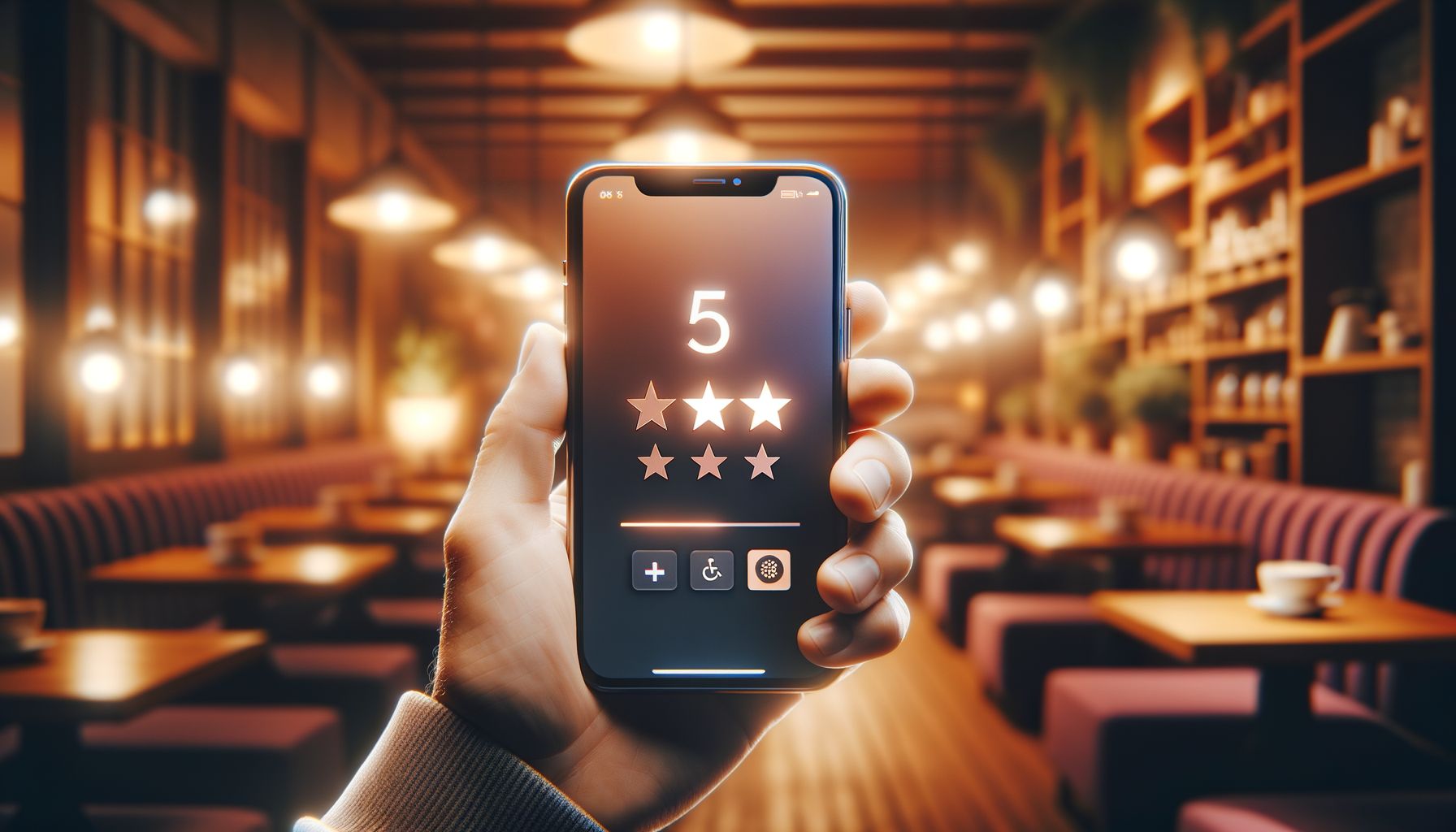 A hand holding a smartphone displaying a star rating and review system on a modern app. 5-star rating visible. Clean UI desig