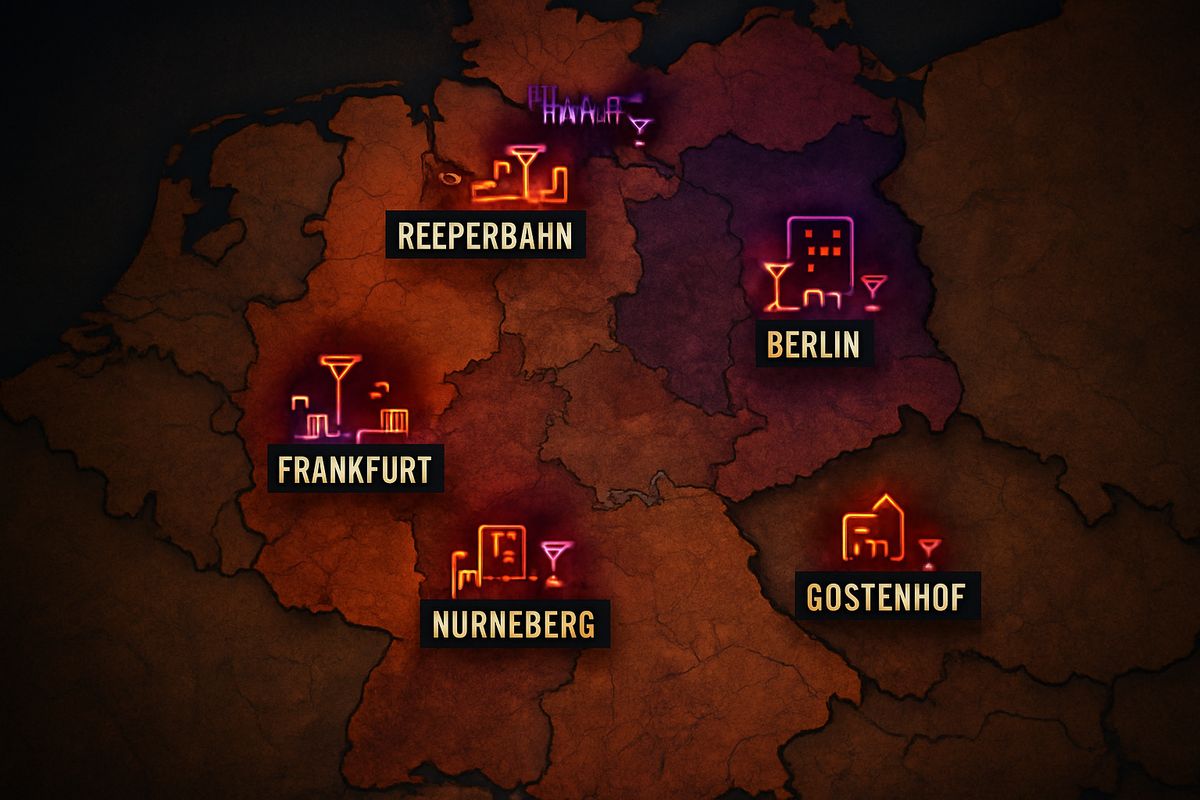 Eine detaillierte Karte der bekanntesten Rotlichtviertel in Deutschland.