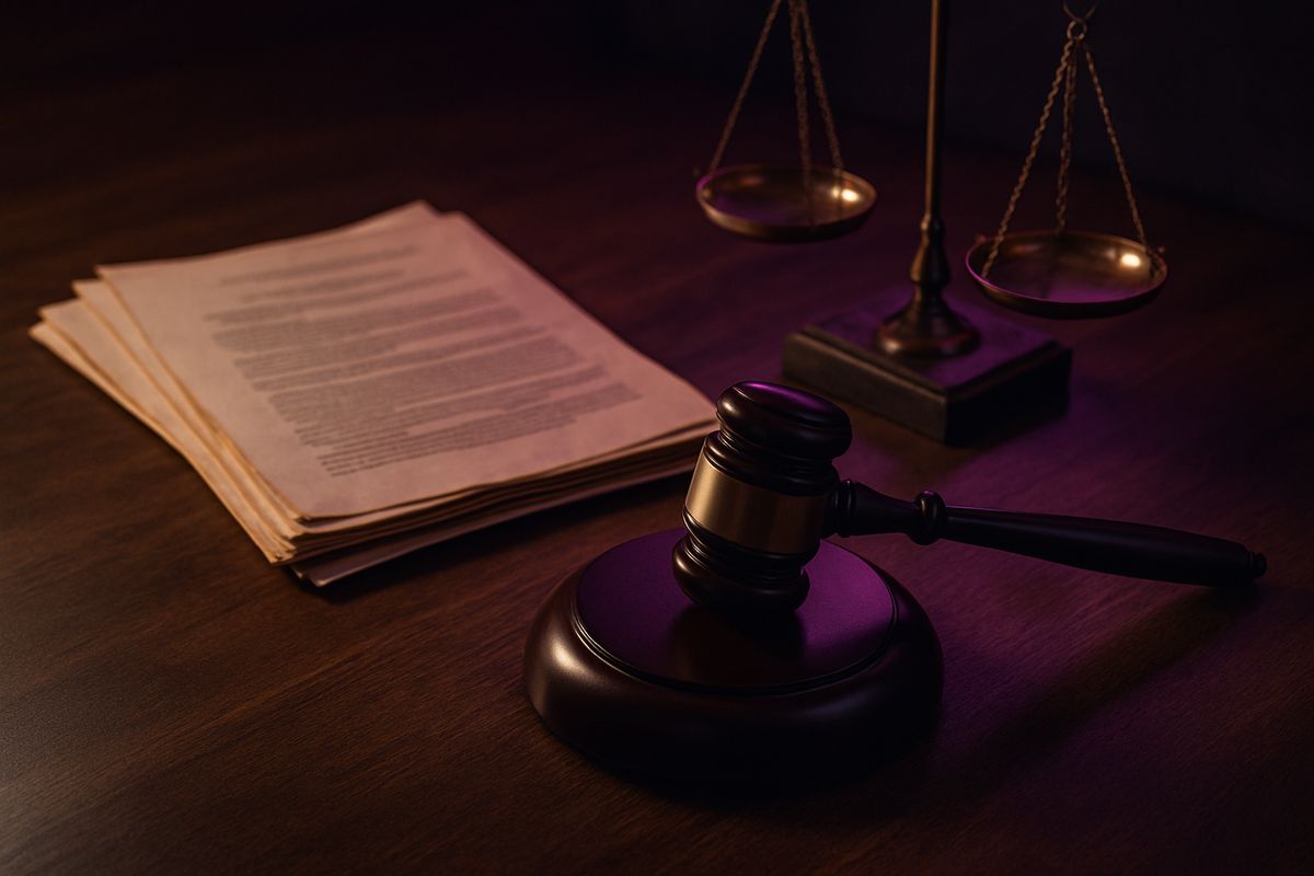Still-life arrangement of legal documents and justice symbols related to escorting.