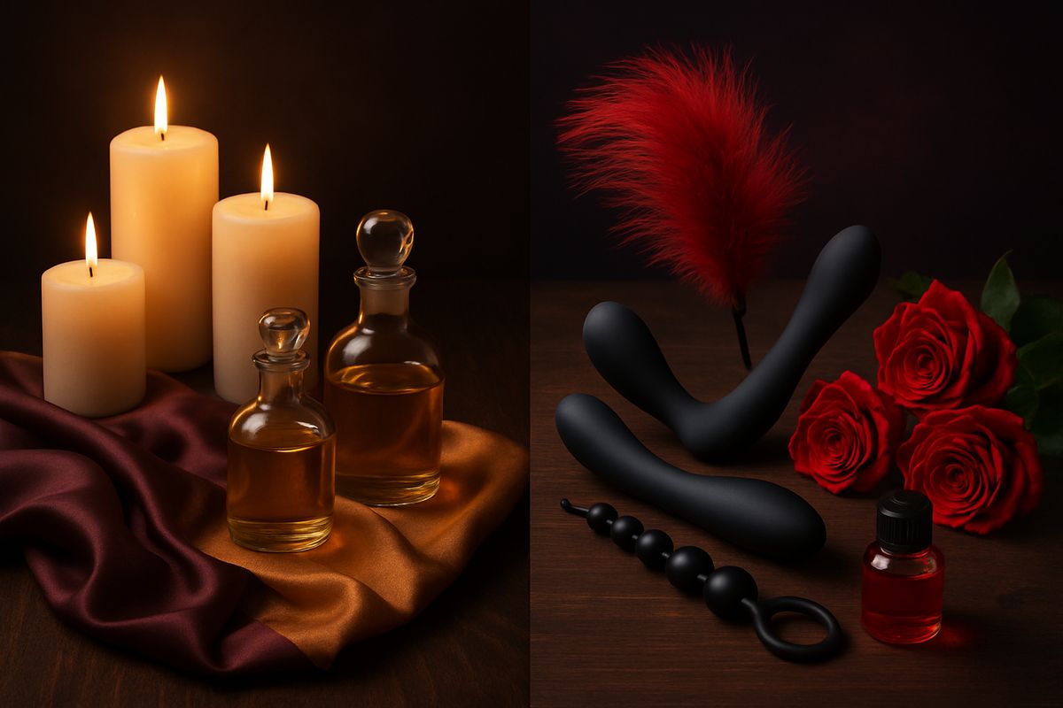 Vergleich der Tantra-Massage und erotischen Massage in einer stilvollen Anordnung.