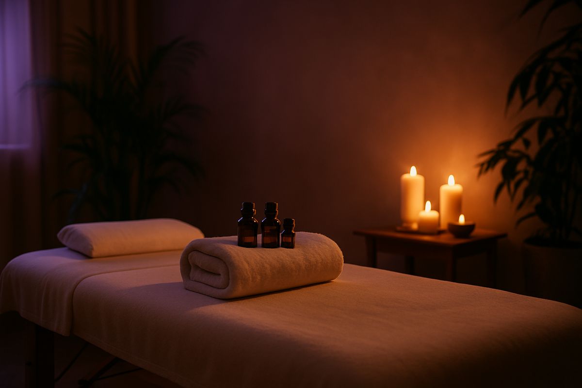 A peaceful spa room setup for incall services with a massage table and calming decor.