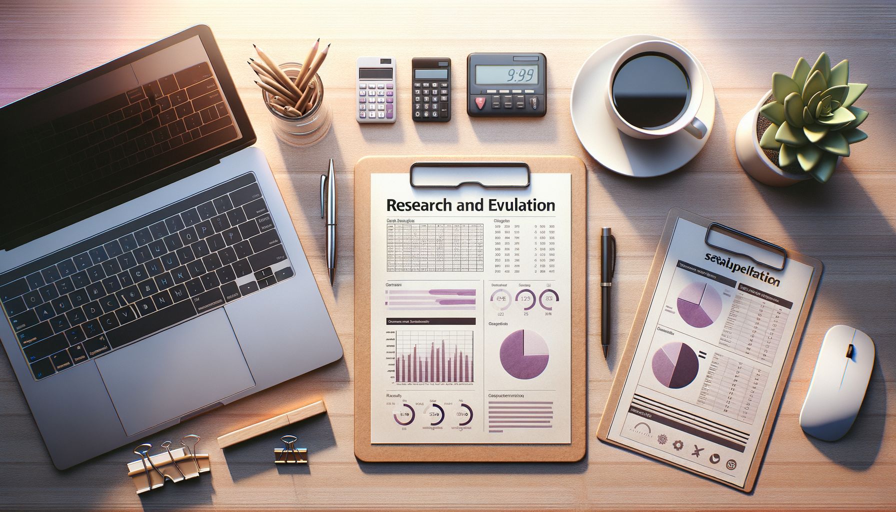 Top-down view of a desk with a printed comparison chart, a laptop showing website analytics, a cup of coffee, and a pen marki