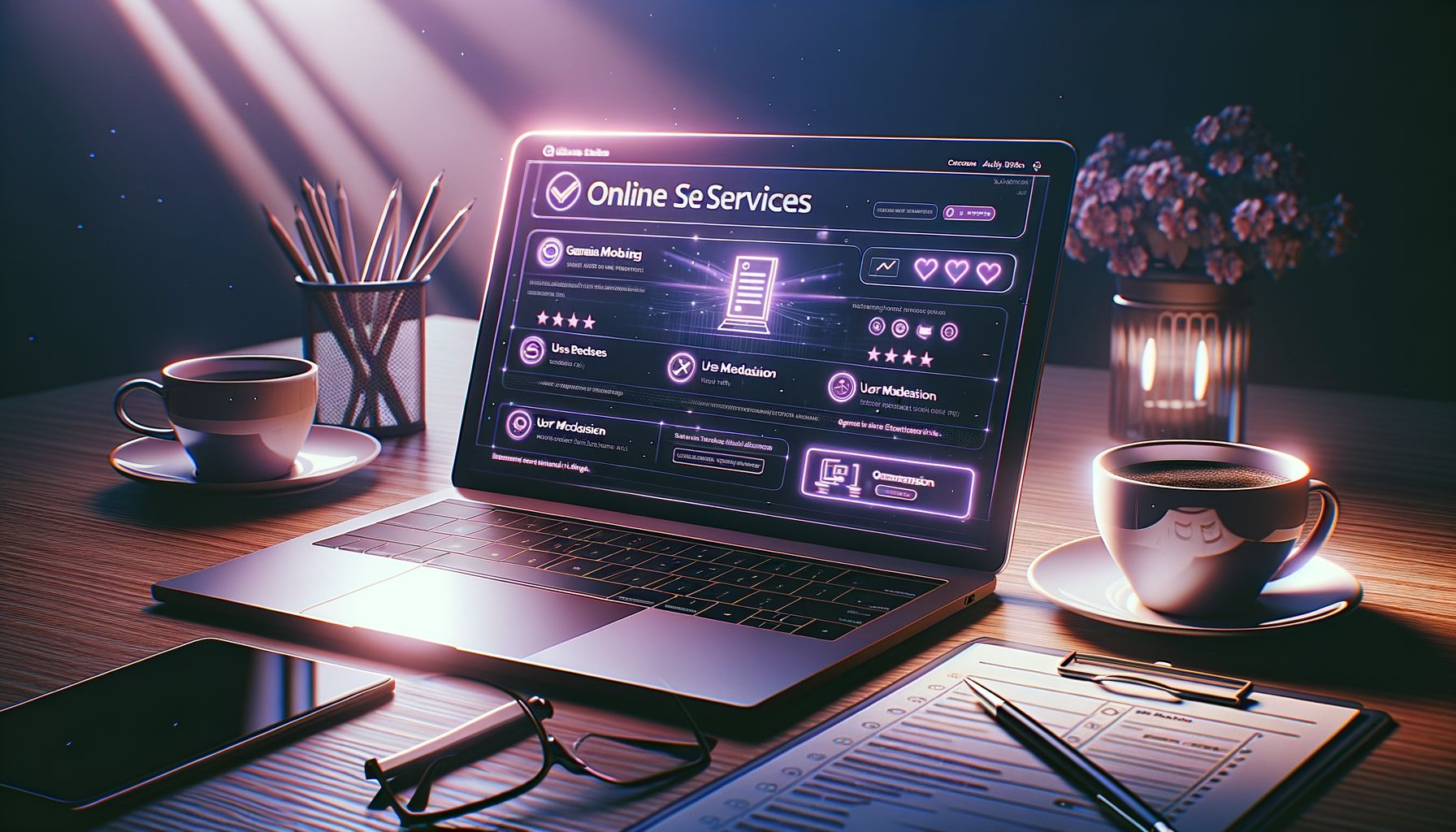 Elegant office with a laptop showing safe companion websites.