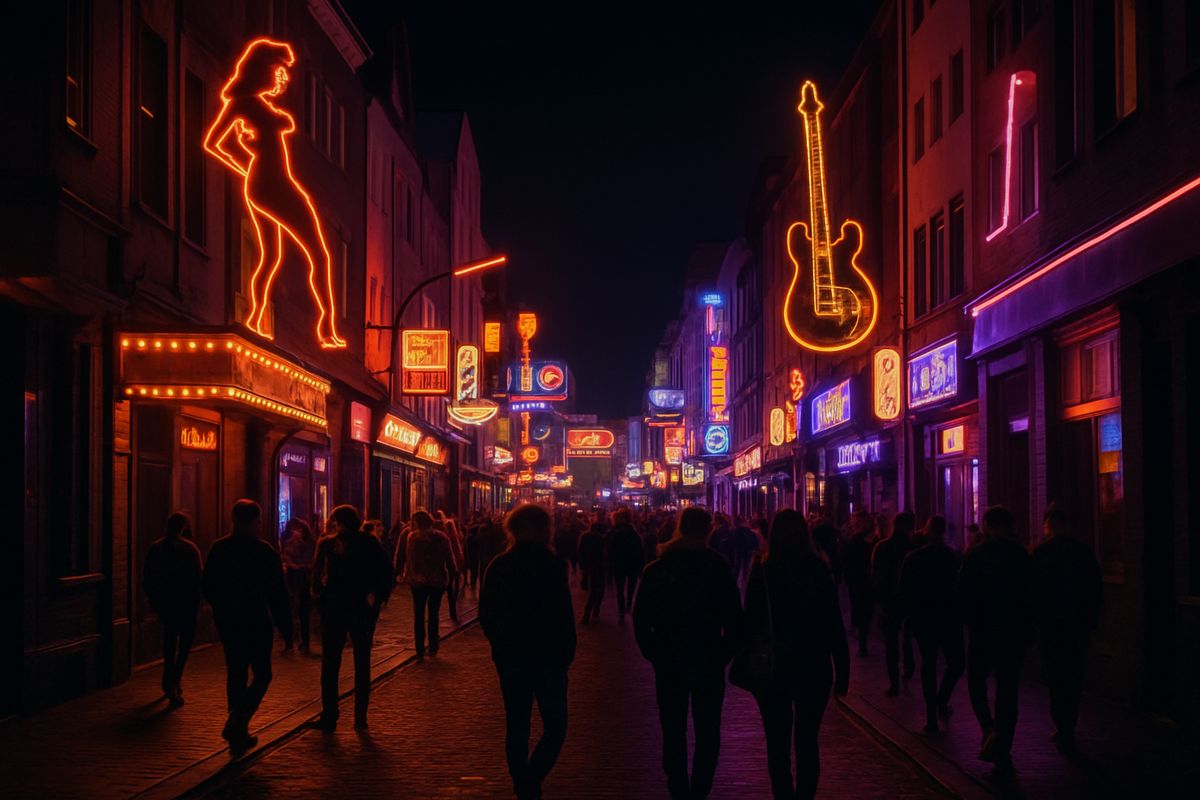 Die Reeperbahn in Hamburg mit bunten Neonlichtern in der Nacht.