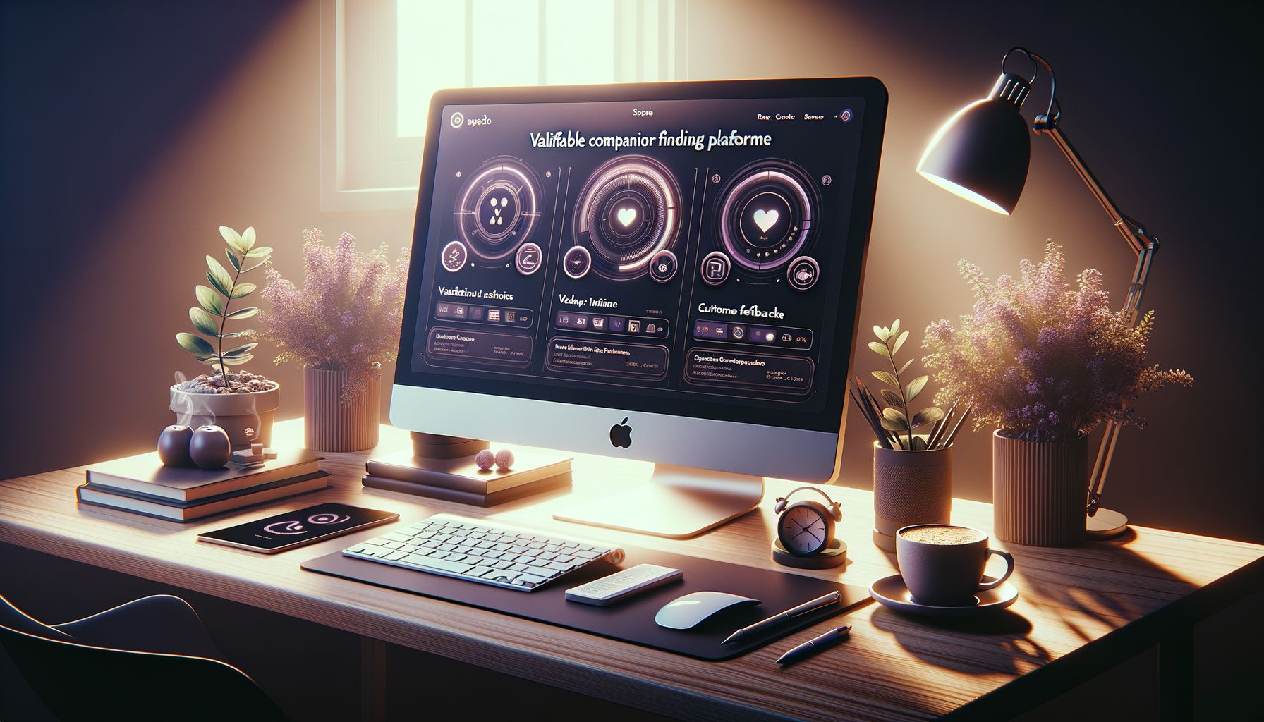 Eleganter Schreibtisch mit Computer, der eine sichere Escort-Plattform mit Bewertungen zeigt.
