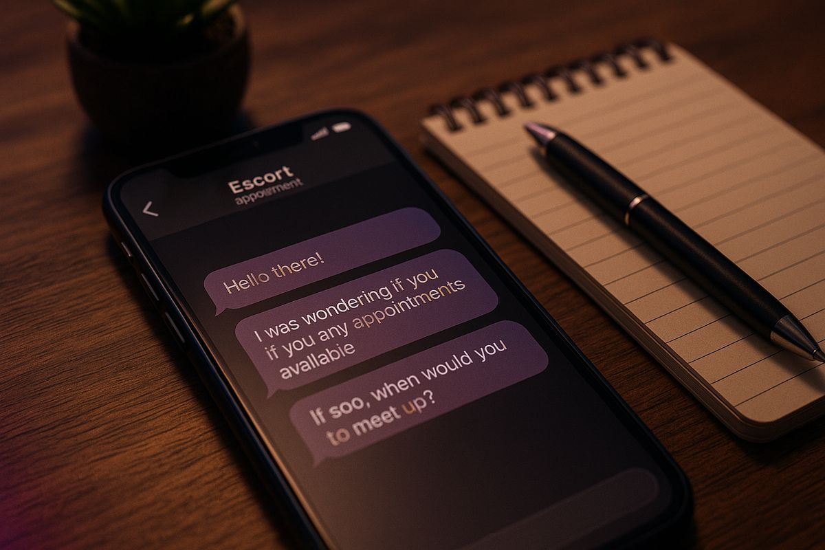 Smartfon z rozmową o spotkaniu escort na biurku.