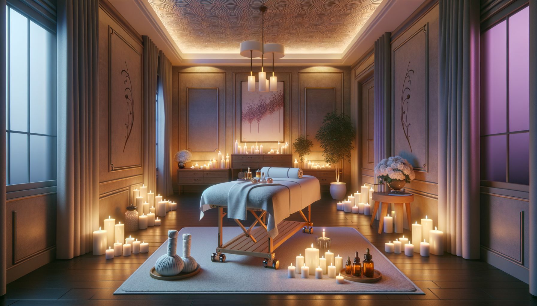 Entspannender Spa-Raum mit Massageliege, Ölen und brennenden Kerzen.
