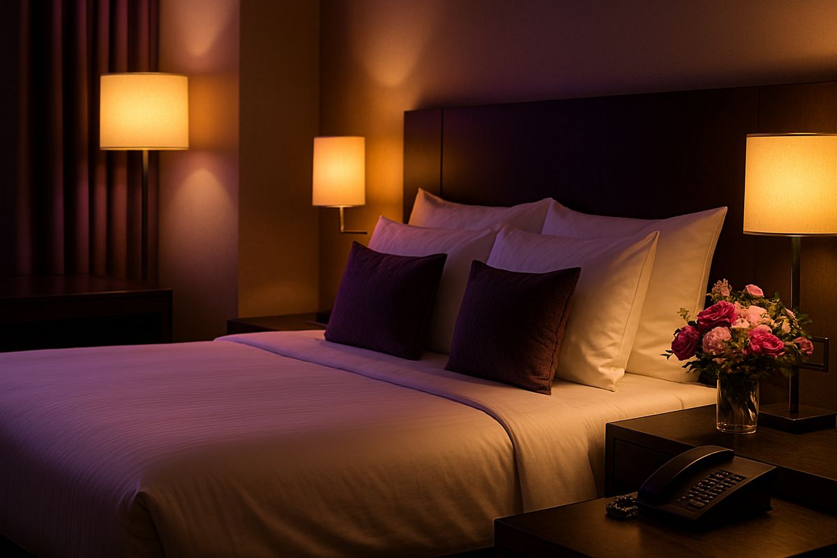 Luxuriöses Hotelzimmer mit Blumenarrangement für Outcall.