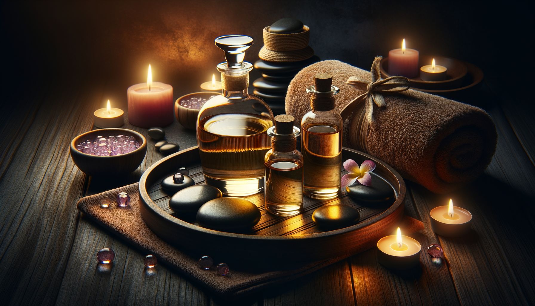 Spa product photography: glass bottles of massage oil and clear gel arranged on a dark wooden tray next to smooth hot stones