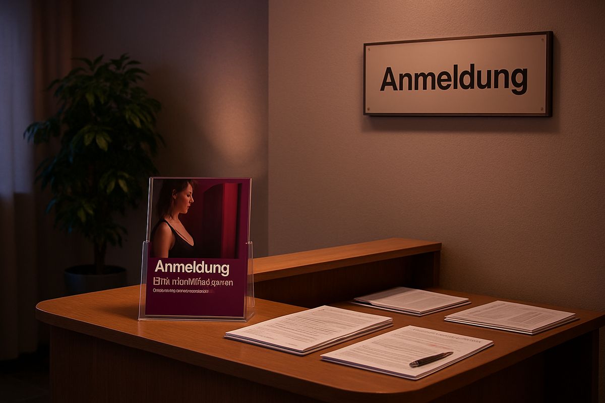 Eleganter Empfangsbereich mit Informationen zur Anmeldung nach ProstSchG.