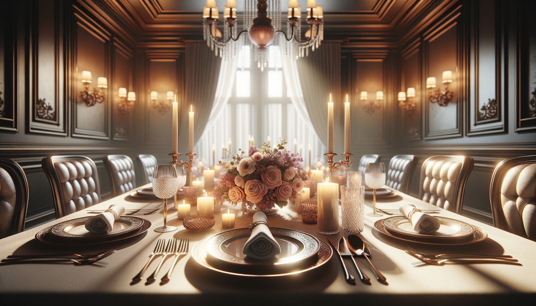 Elegant dinner table with flowers and candles, perfect for escort service dates.
