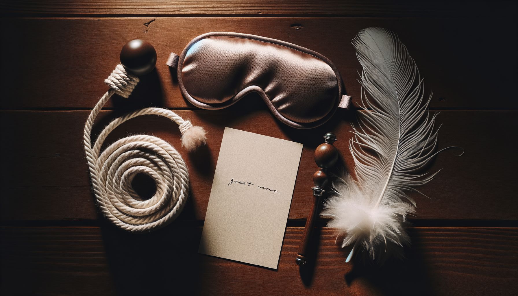 Display of essential BDSM gear for beginners including sleep mask and rope.
