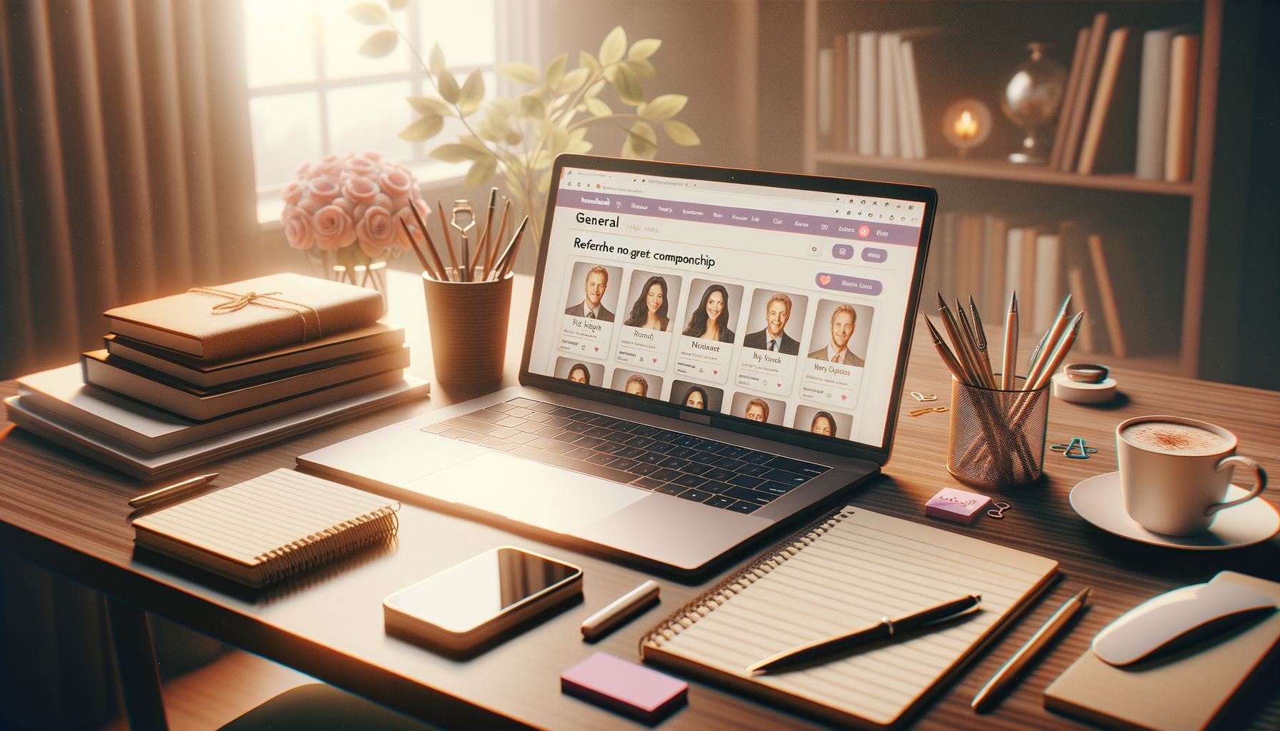 Organisierter Schreibtisch mit Laptop, Notizen und Kaffeetasse bei der GFE-Suche.