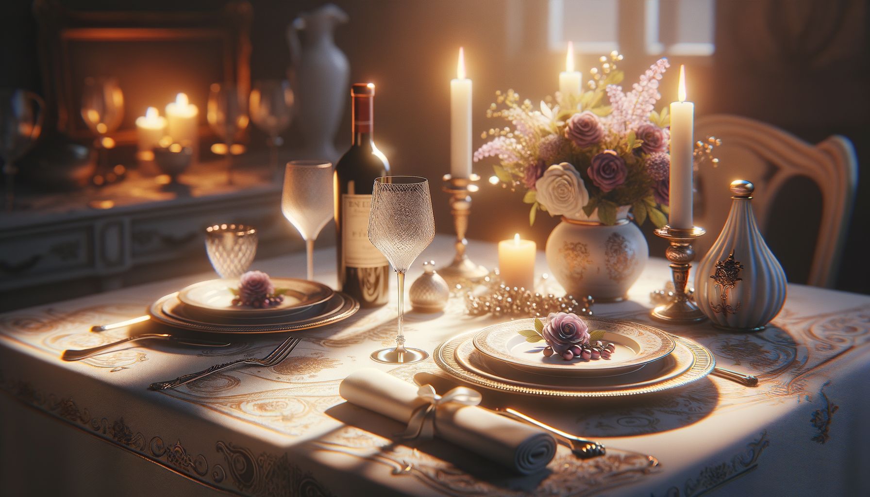 Romantischer Abendessenstisch mit Wein und Blumen, symbolisch für GFE.