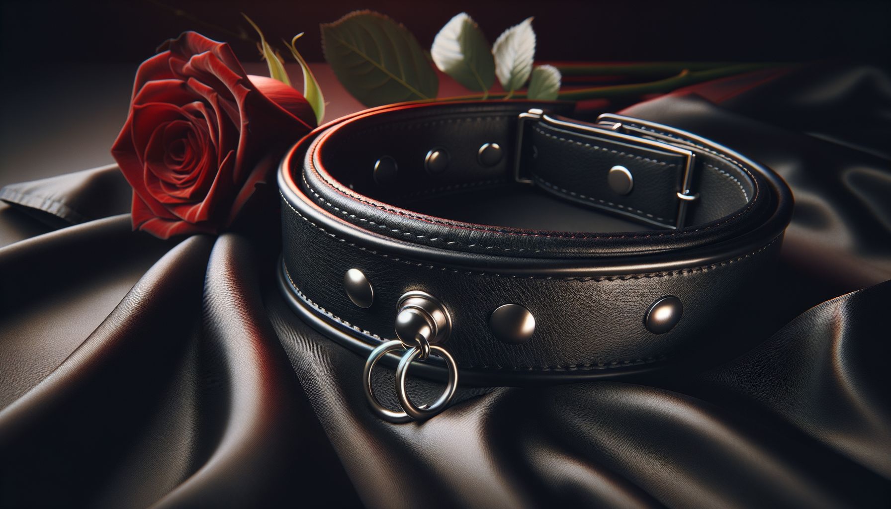 Close-up of an elegant black leather collar with a silver ring, resting on a dark satin fabric next to a single red rose. Dra