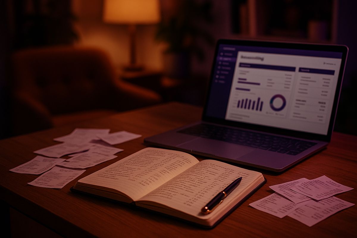 Ordentliches Buchhaltungssetup mit Laptop, Notizbuch und Belegen zur Steuererklärung