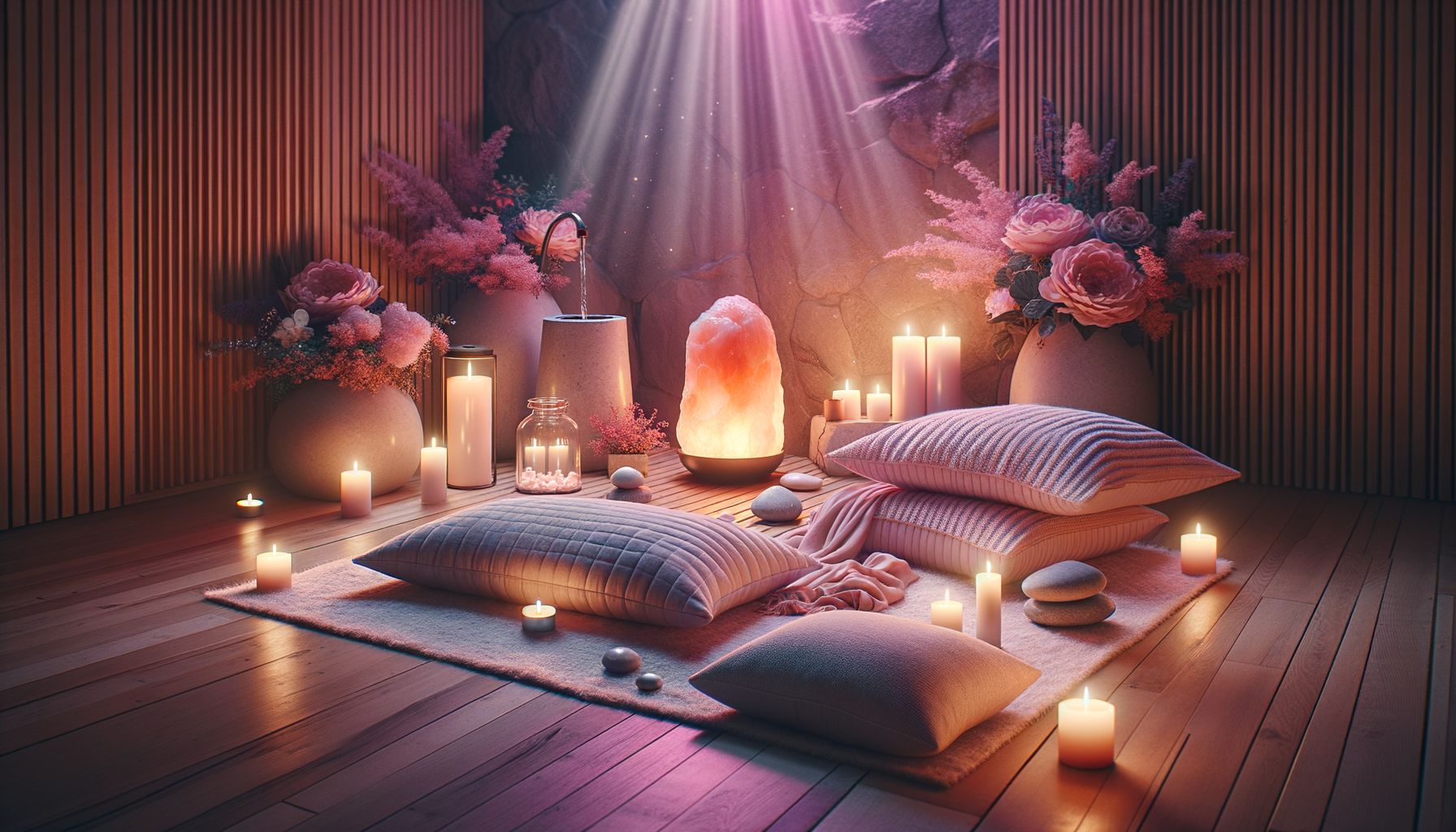 A cozy wellness space with floor cushions, soft blankets, a small fountain, candles, and fresh flowers. Warm pink-toned light