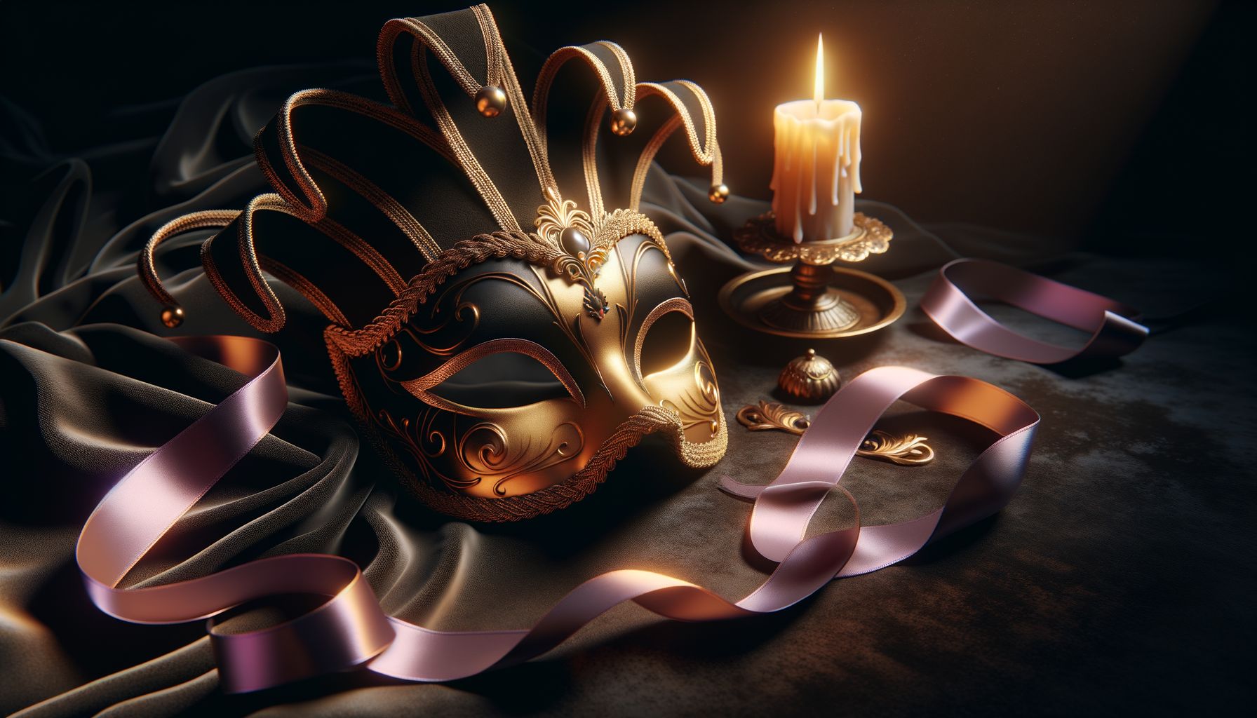 A venetian masquerade mask in black and gold lying on a dark velvet surface next to silk ribbons and a lit candle. Mysterious