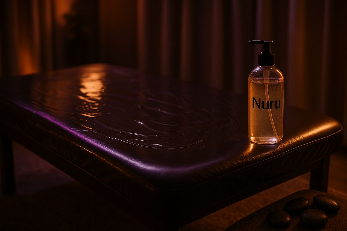 Luxuriöser Spa-Bereich mit Nuru-Massagetisch und Nuru-Gel