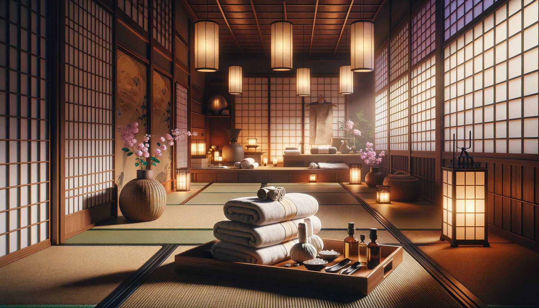 A Japanese-style spa room interior with tatami-like flooring, shoji screens, warm lanterns, folded towels, and massage oils a