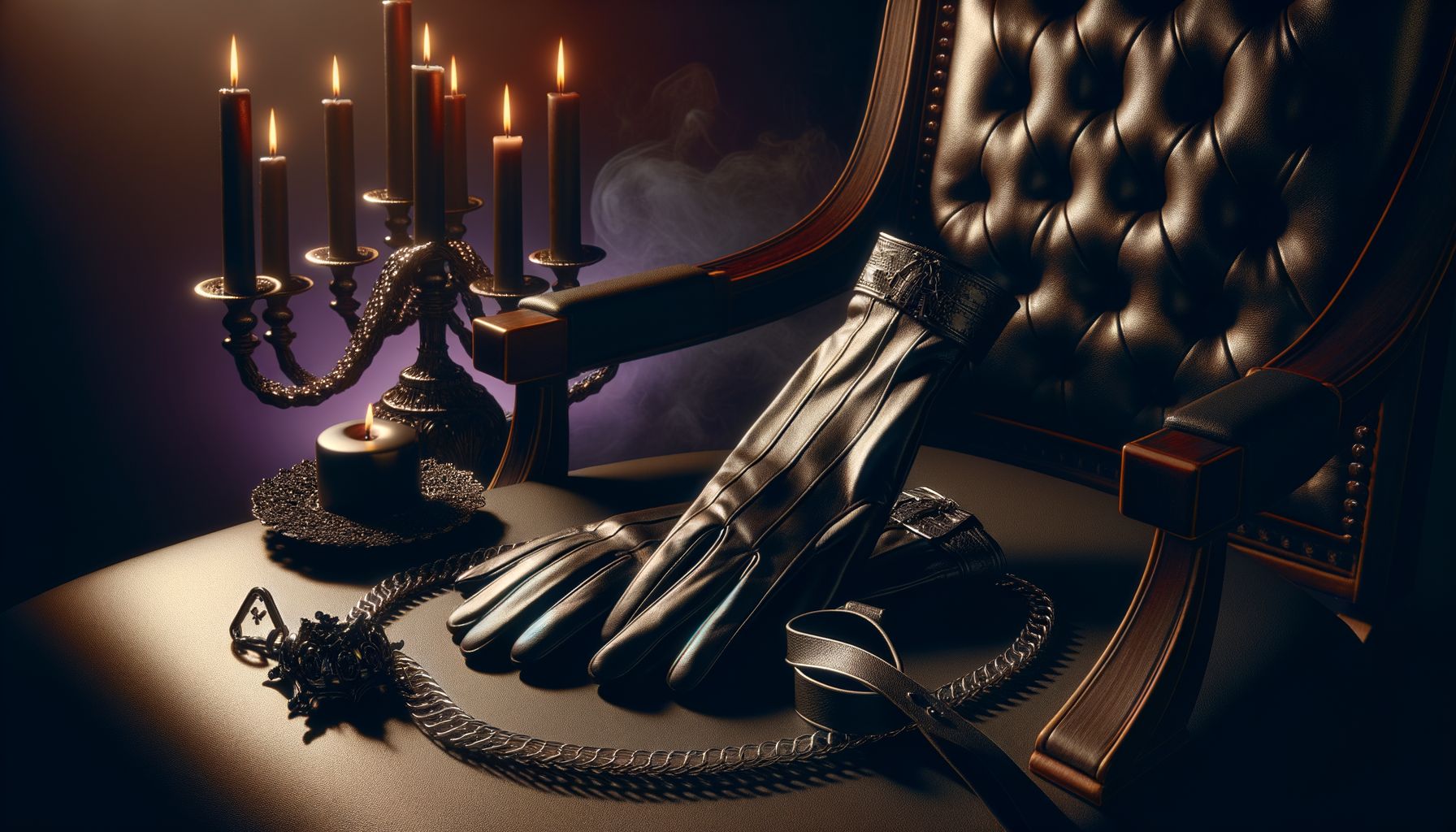 A pair of elegant long black leather gloves draped over a dark throne-like chair, next to a black candle. Dramatic side light
