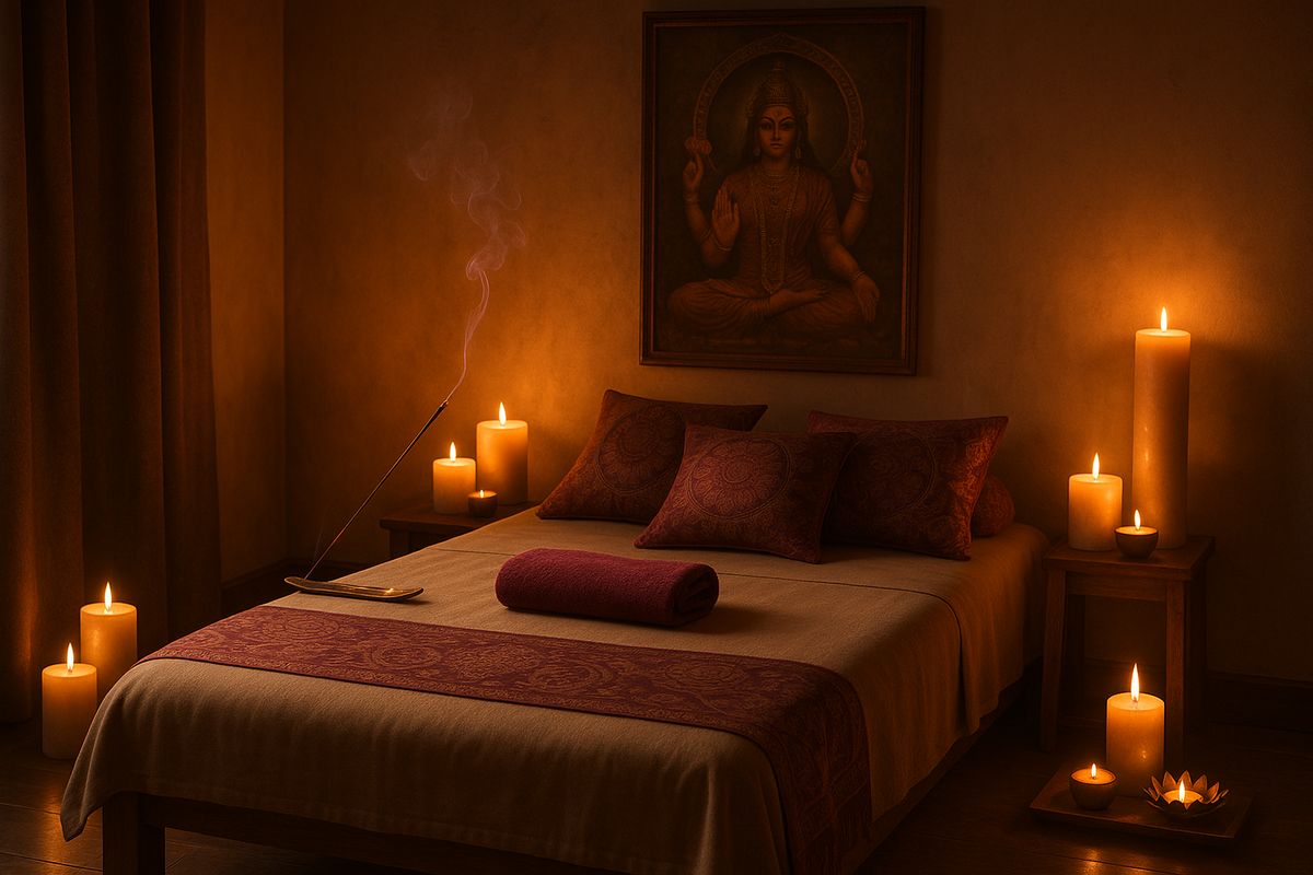 A serene tantric massage setting with a massage table, candles, and soft fabrics.
