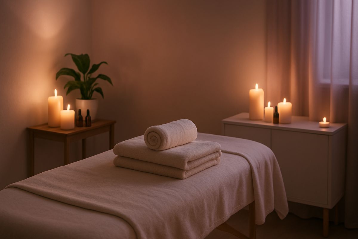 A calming spa room with a massage table and candles for relaxation.