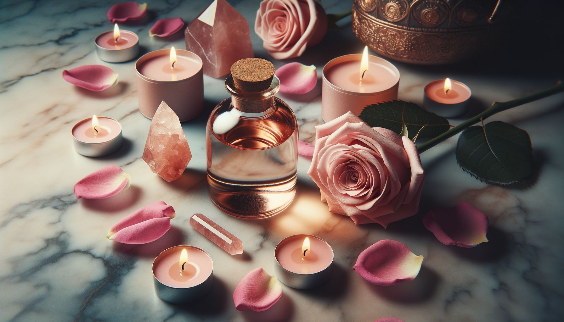 Close-up of rose-scented massage oil in a beautiful glass bottle, surrounded by fresh rose petals, a pink crystal (rose quart