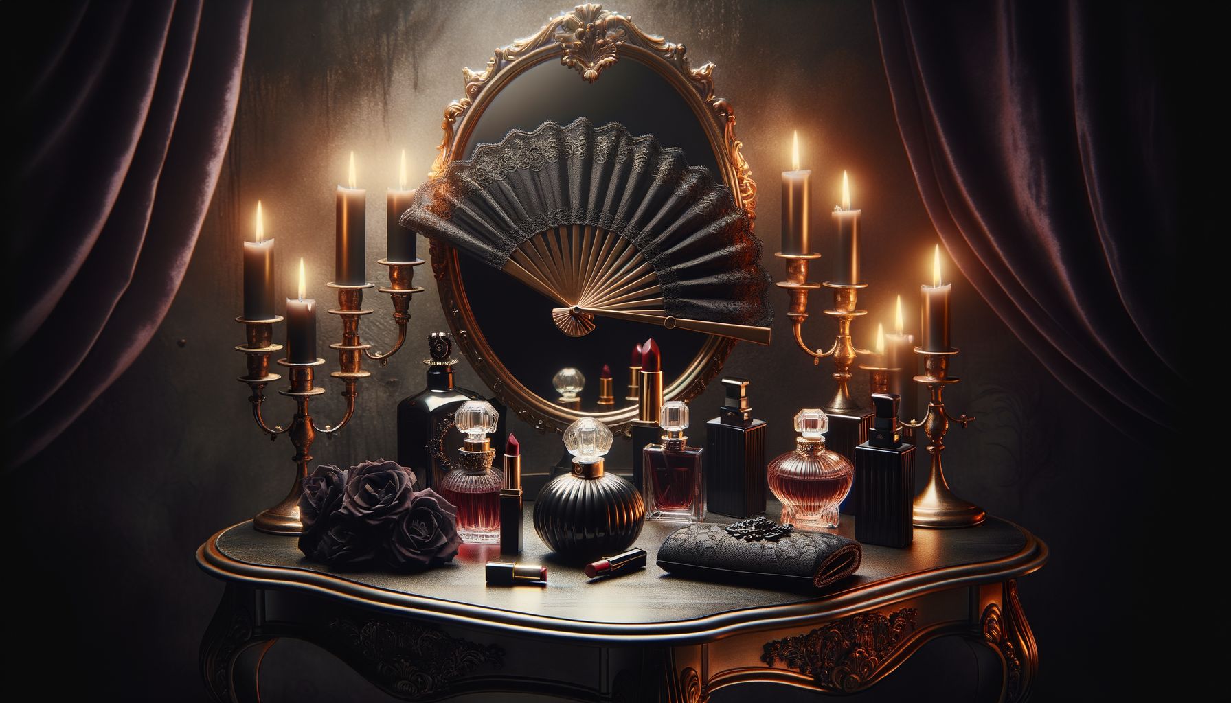A luxurious vanity table with a large ornate mirror, dark perfume bottles, red lipstick, a black lace fan, and lit candles. D