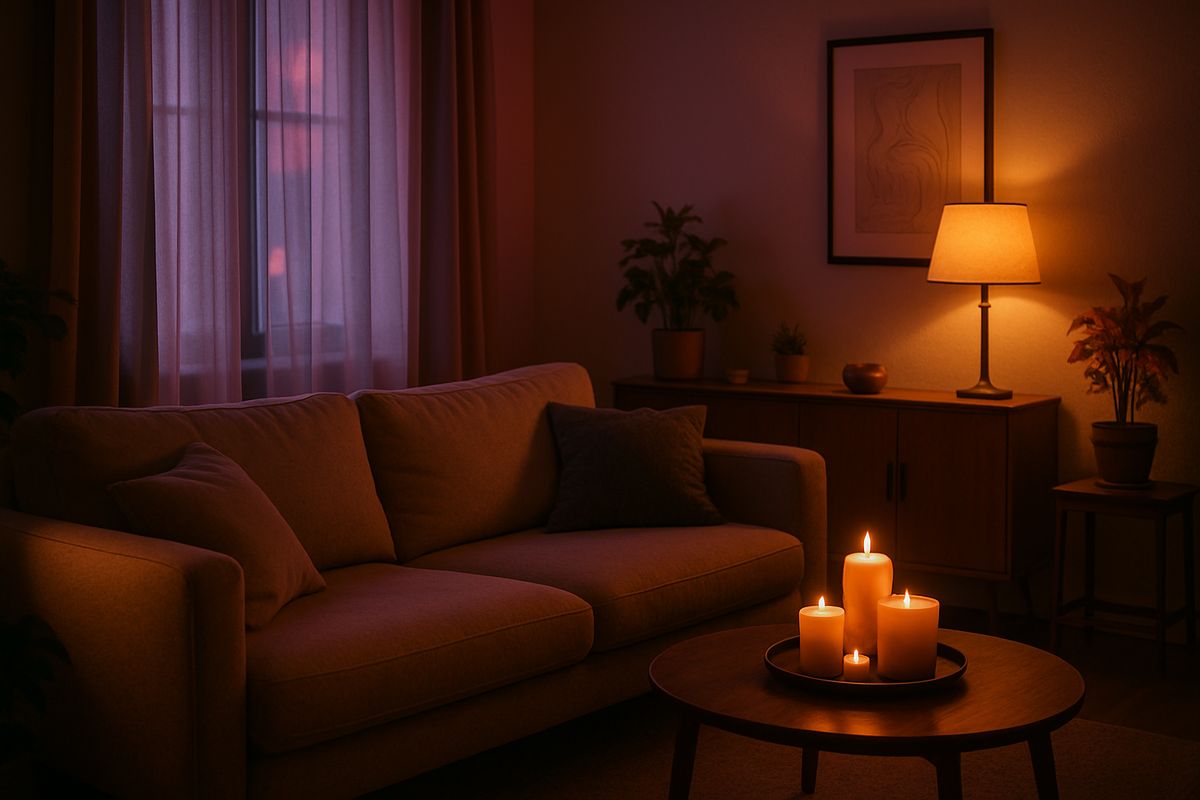 Gemütliche Wohnung mit Sofa und Kerzen für Incall.