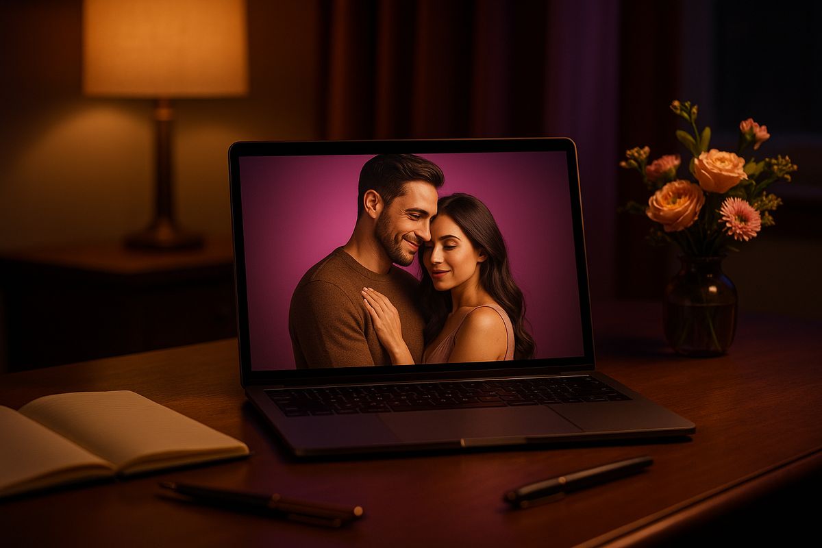 Couple drafting a joint couples ad on a laptop together.