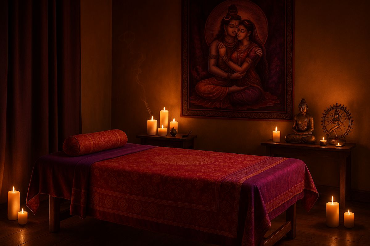 Ruhiger Massageraum für Tantra-Massage mit Kerzen und spirituellen Artefakten