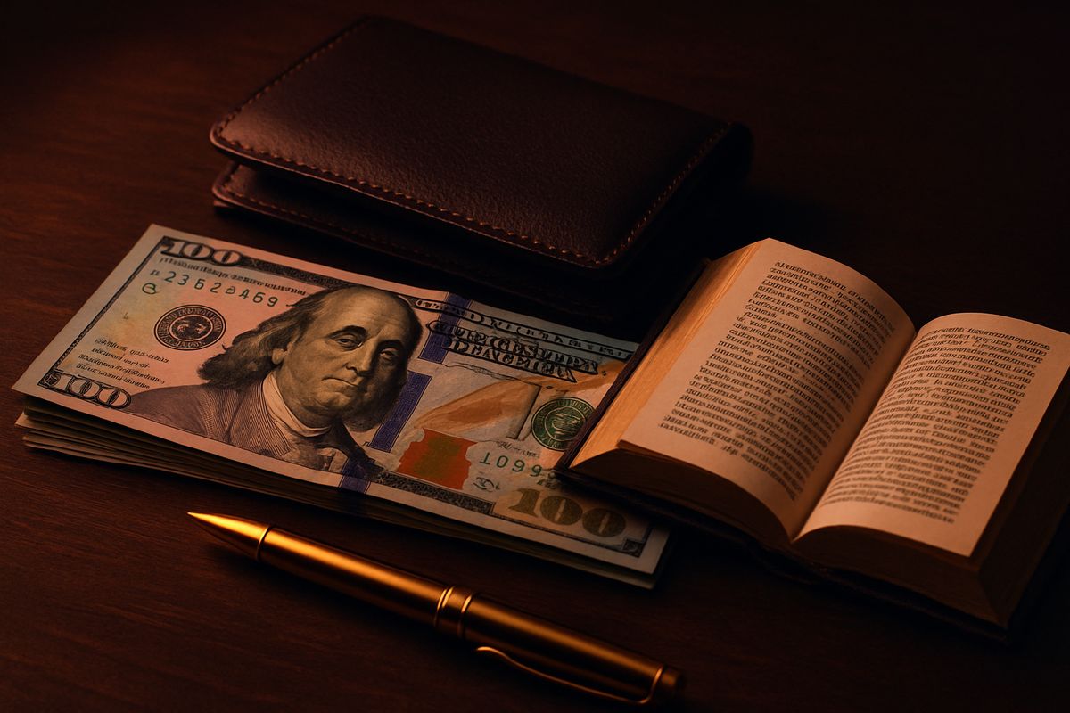 An arrangement of findom-related items on a stylish wooden table.