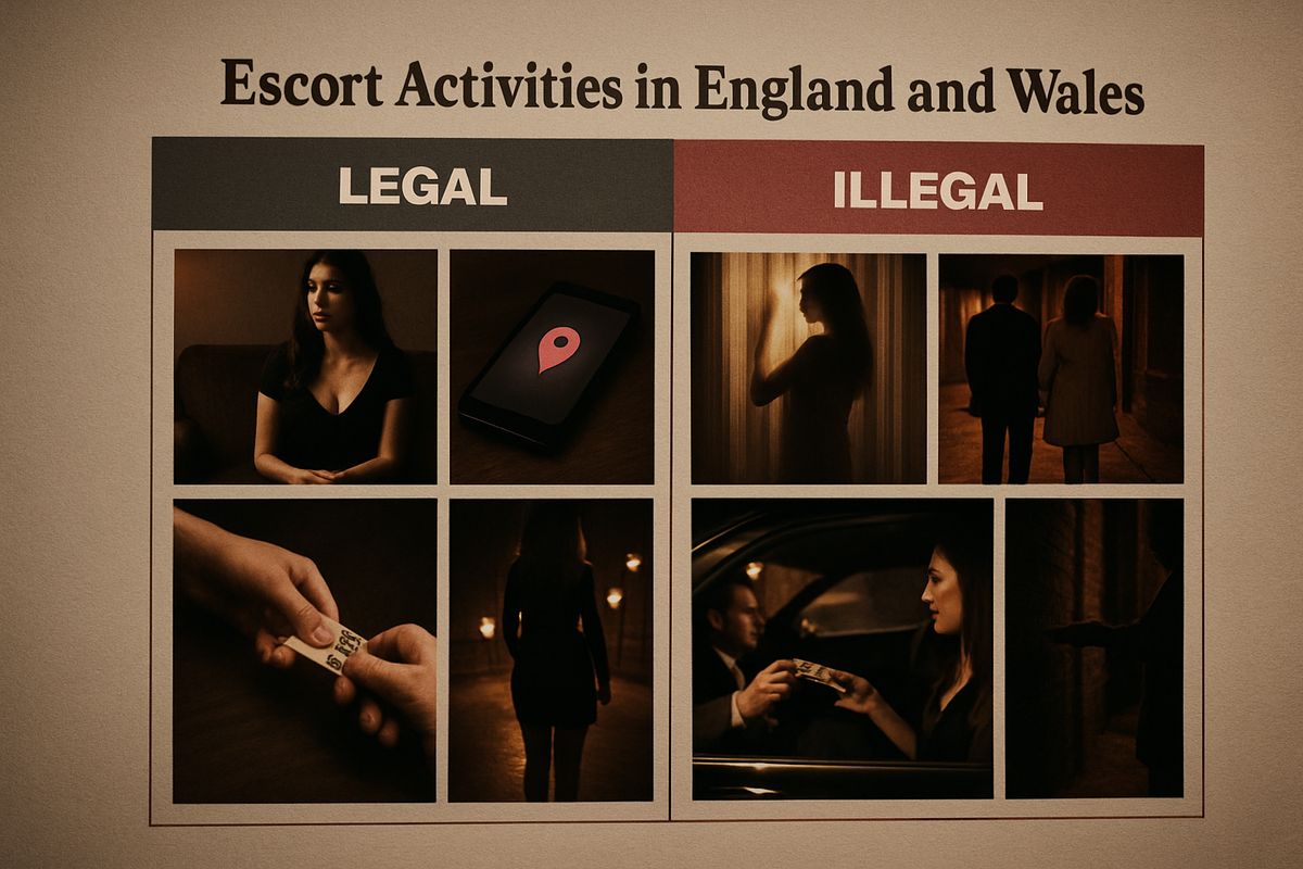 Infographic table summarizing legal vs illegal activities in escorting.