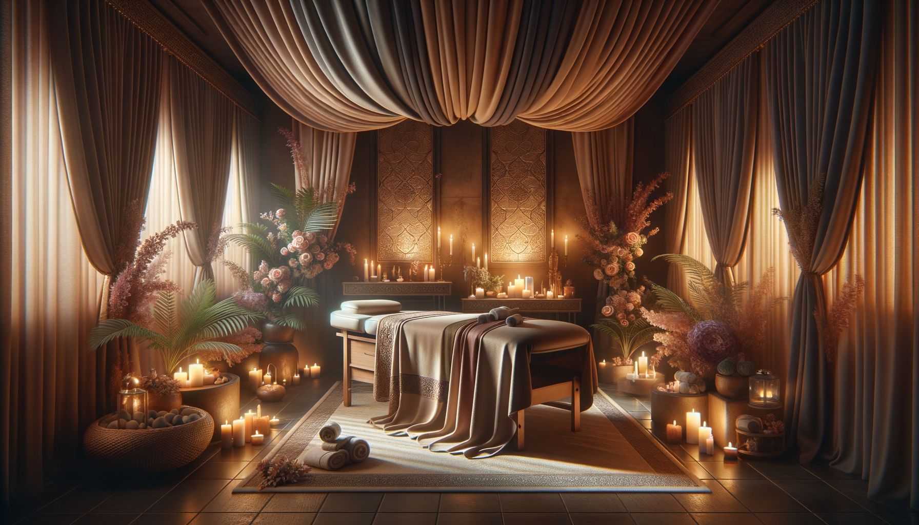 A tranquil spa room with a massage table, warm lighting, draped fabrics in earth tones, and a small altar with candles and fl