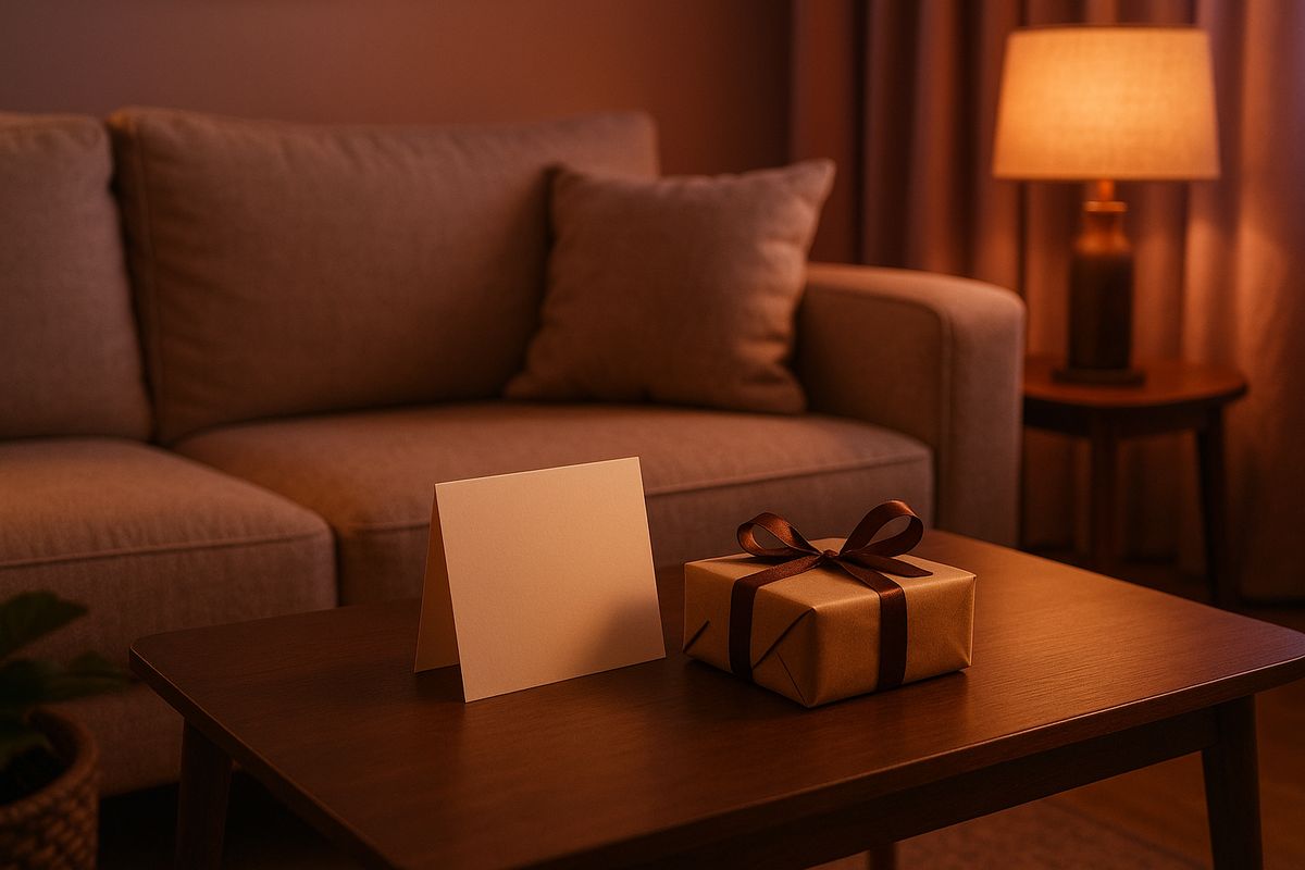 A cozy living room with a thank-you card and a small gift for aftercare.