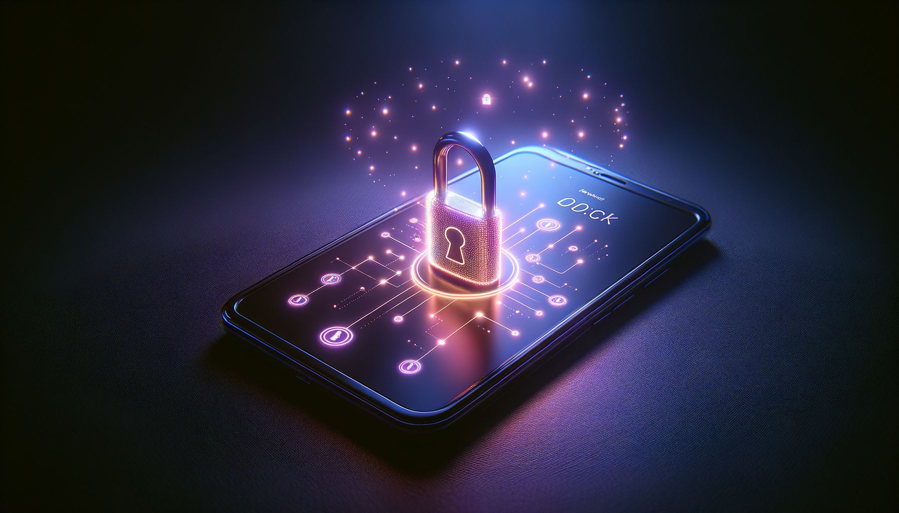 A padlock icon on a glowing smartphone screen, symbolizing online safety and privacy. The phone sits on a dark surface with s