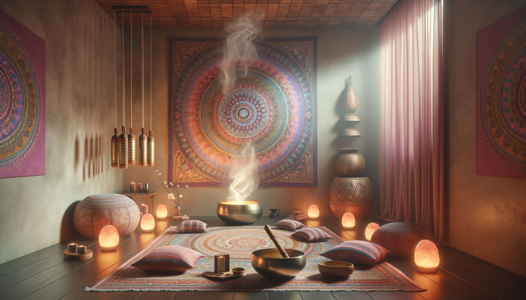 A meditation corner in a massage studio: floor cushions, singing bowls, burning incense, mandala tapestry on the wall, soft f