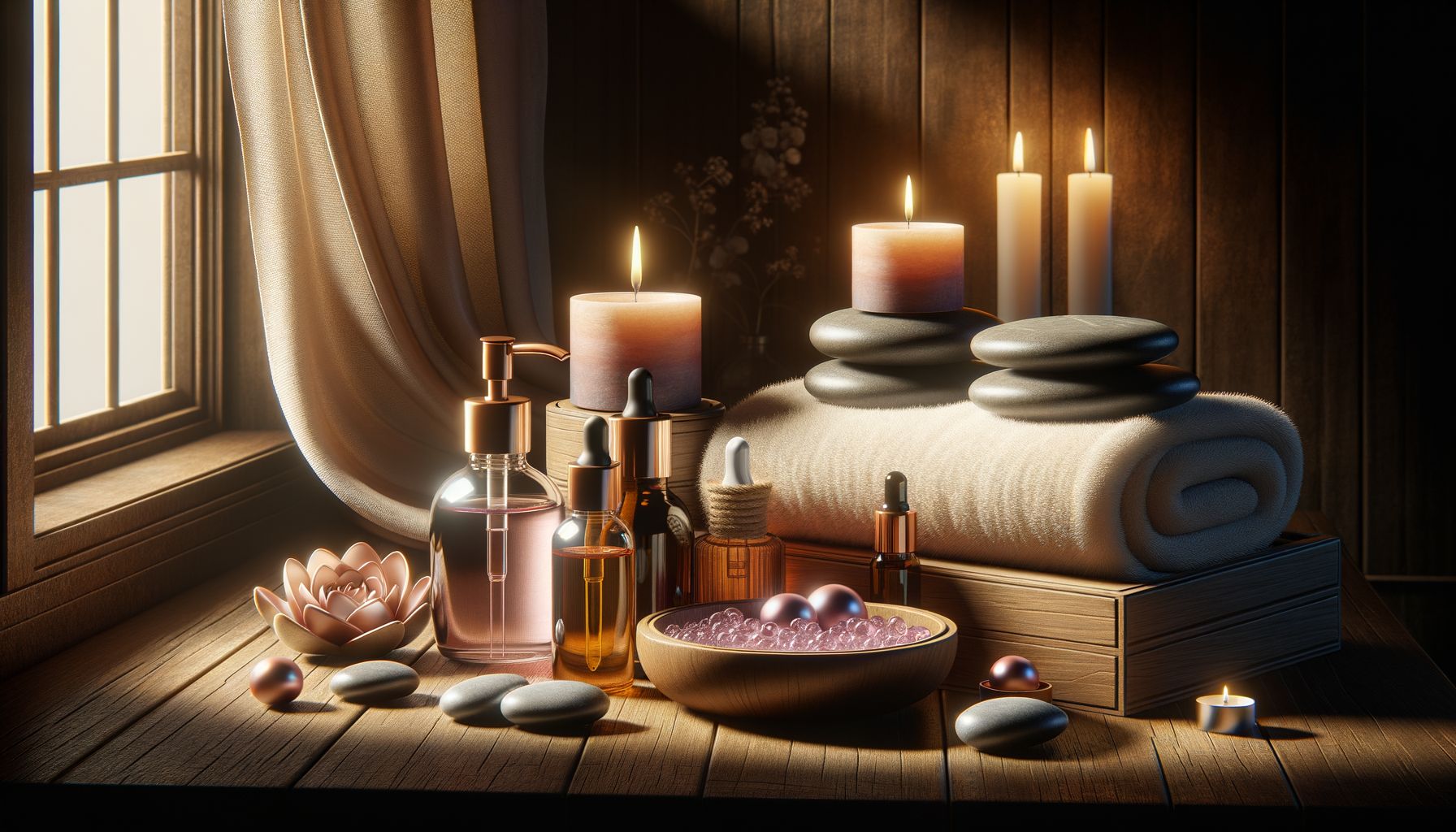 Typical nuru massage setup with oil and candles in the background.