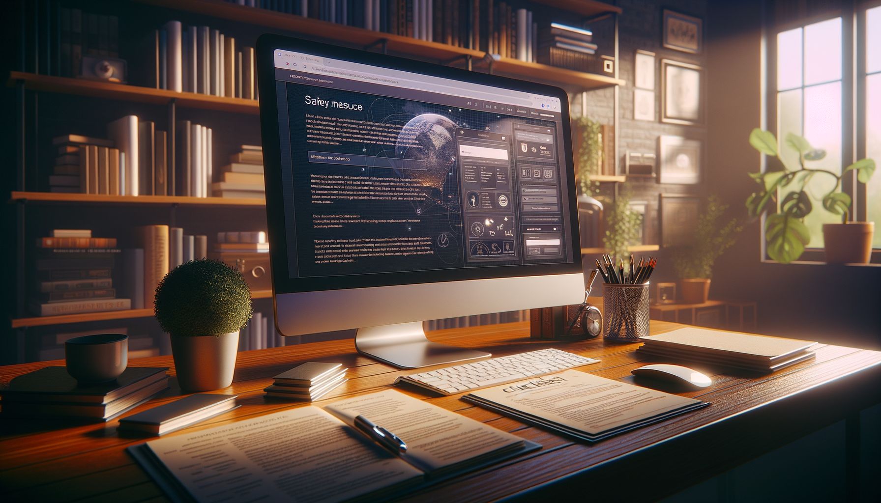 Organized home office with a computer showing escort service safety tips.